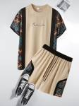 Mens Ethnic Geometric Print Patchwork Crew Neck Two Pieces Outfits